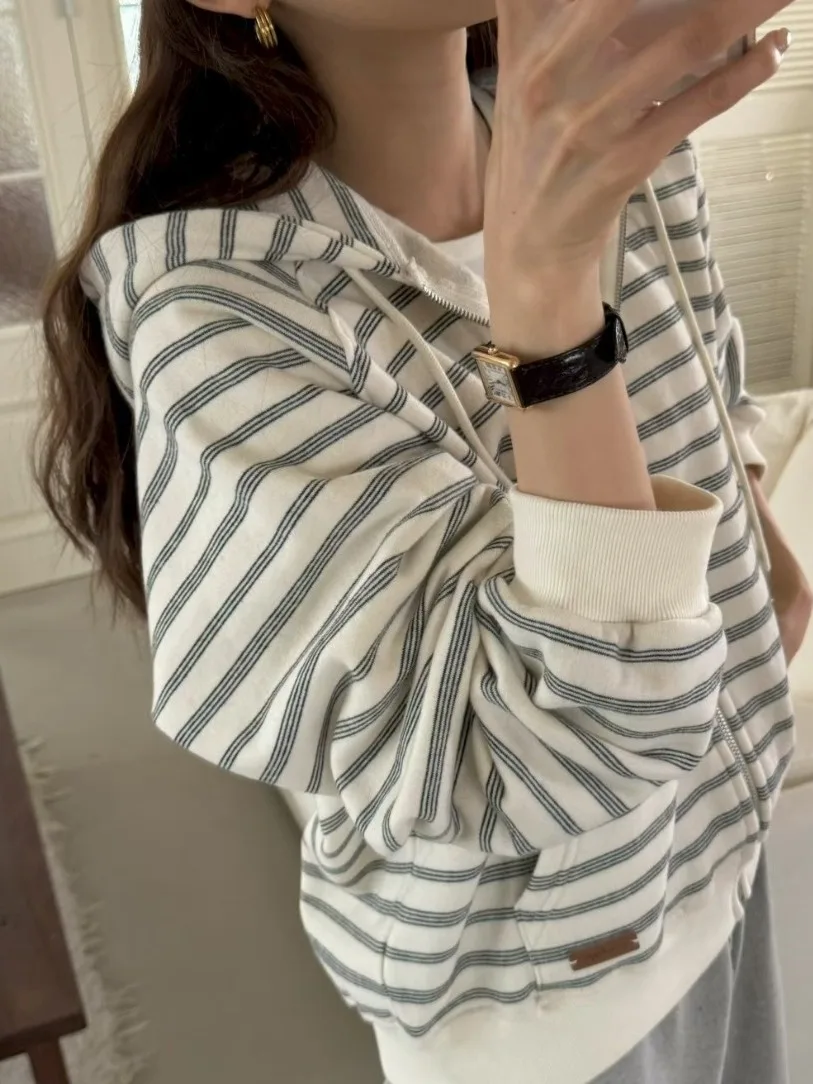 سترة بغطاء للرأس مخططة بتصميم كلاسيكي أمريكي Jaet للسيدات أنيقة وفضفاضة وكسول وسحاب مفتوح مجموعة شتوية #5