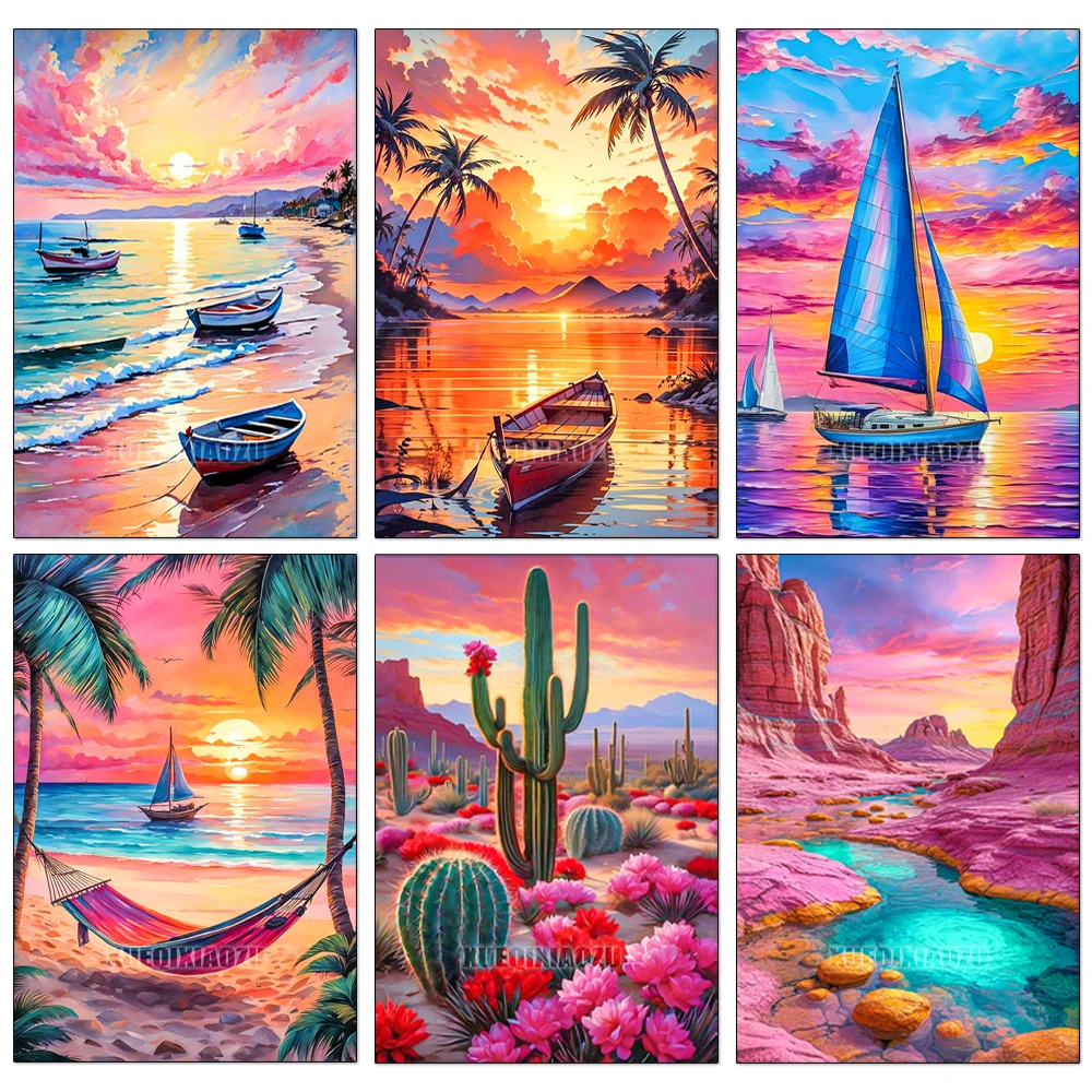 DIY Diamond Painting Kit Landscape Cactus Sailboat Sunset Full Diamond Mosaic Cross Stitch Gemstone Inlay Room Decoration Gift
