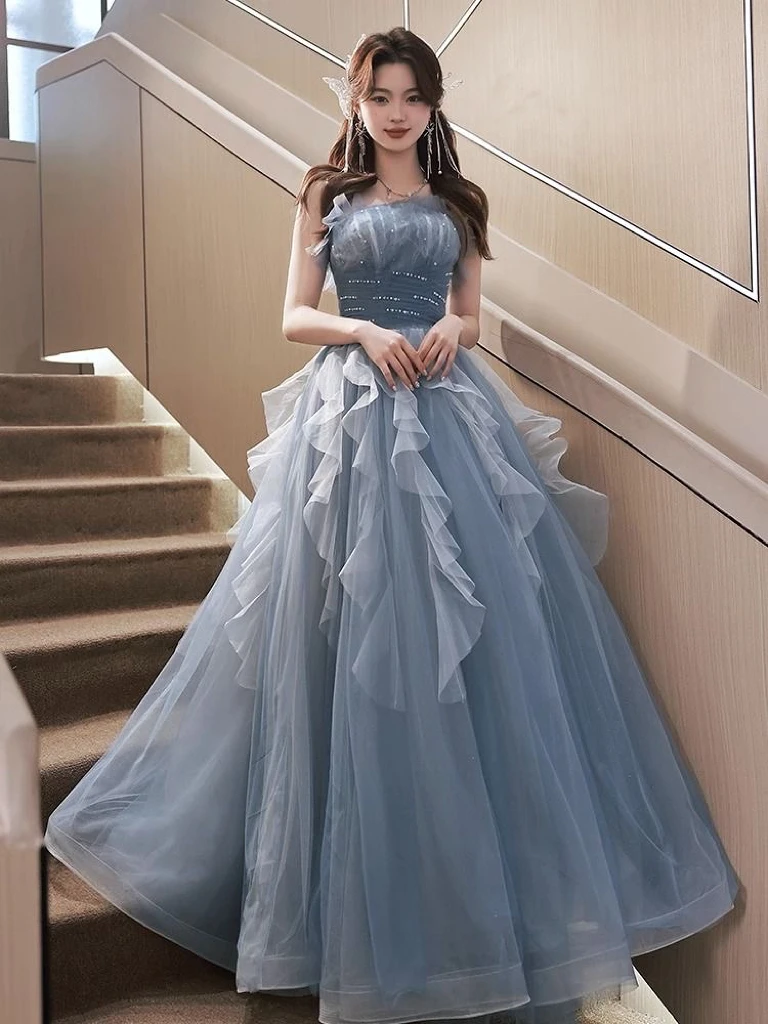 

Haze Blue Celebrity Strapless Beading Ruffle A-line Tulle Ceremony Lace-up Quinceanera Half Sleeve Ball Evening Party Host Gowns