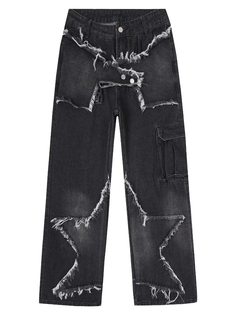 Jean baggy noir délavé pour homme avec patchwork étoilé, pantalon cargo en denim streetwear Y2K, style hip-hop, coupe large et effilochée, décontracté