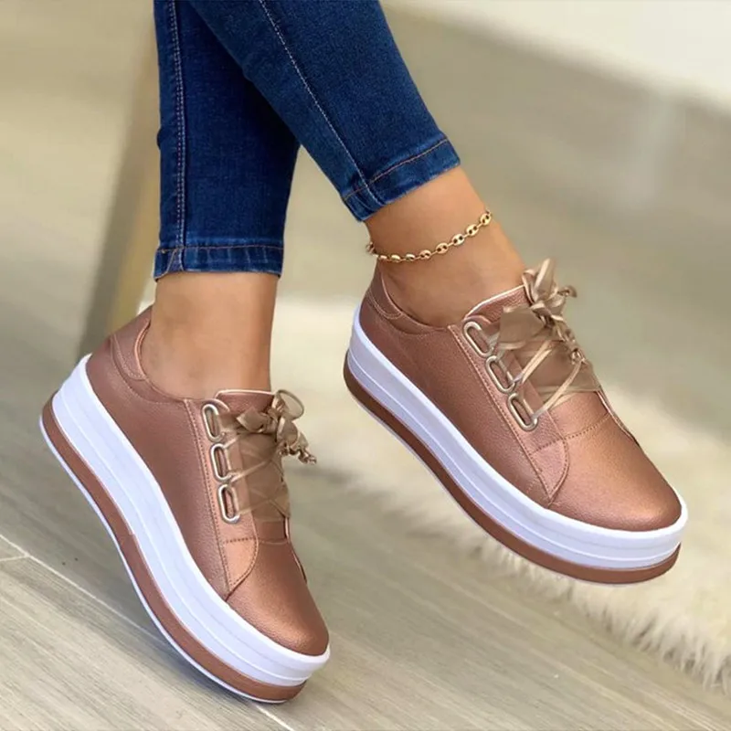 Comemore Lace Up Platform Shoes Women Gold Silver Flats Women Leather Thick Bottom Sneakers Zapatos De Mujer Woman Plus Size 43