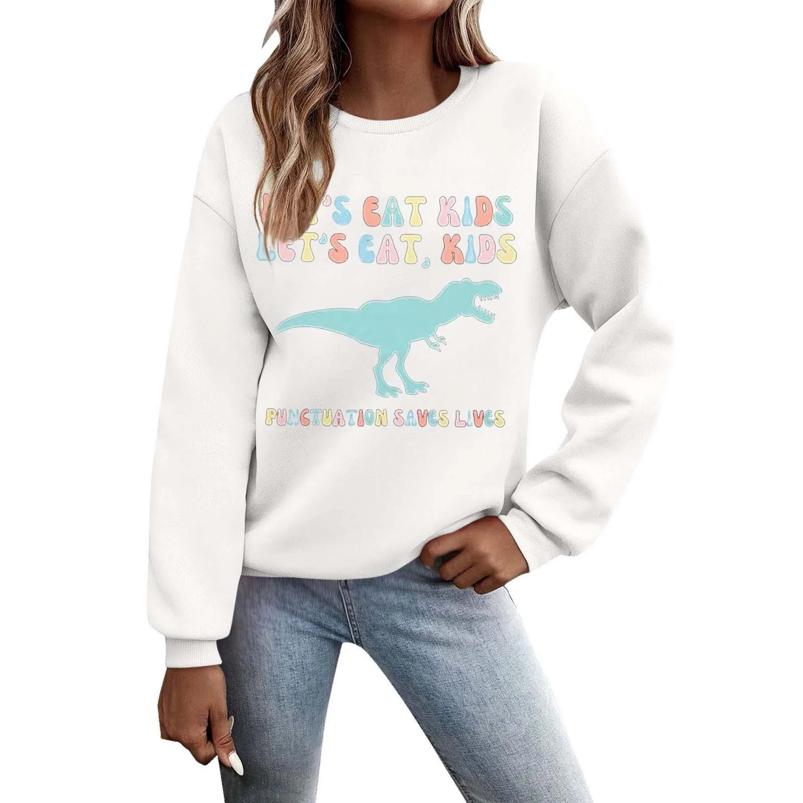 

2024 And Winter Fashion Little Dinosaur Print Women's Hoodless Sweatshirt Sweat Suit Women Petite Long Hoodie