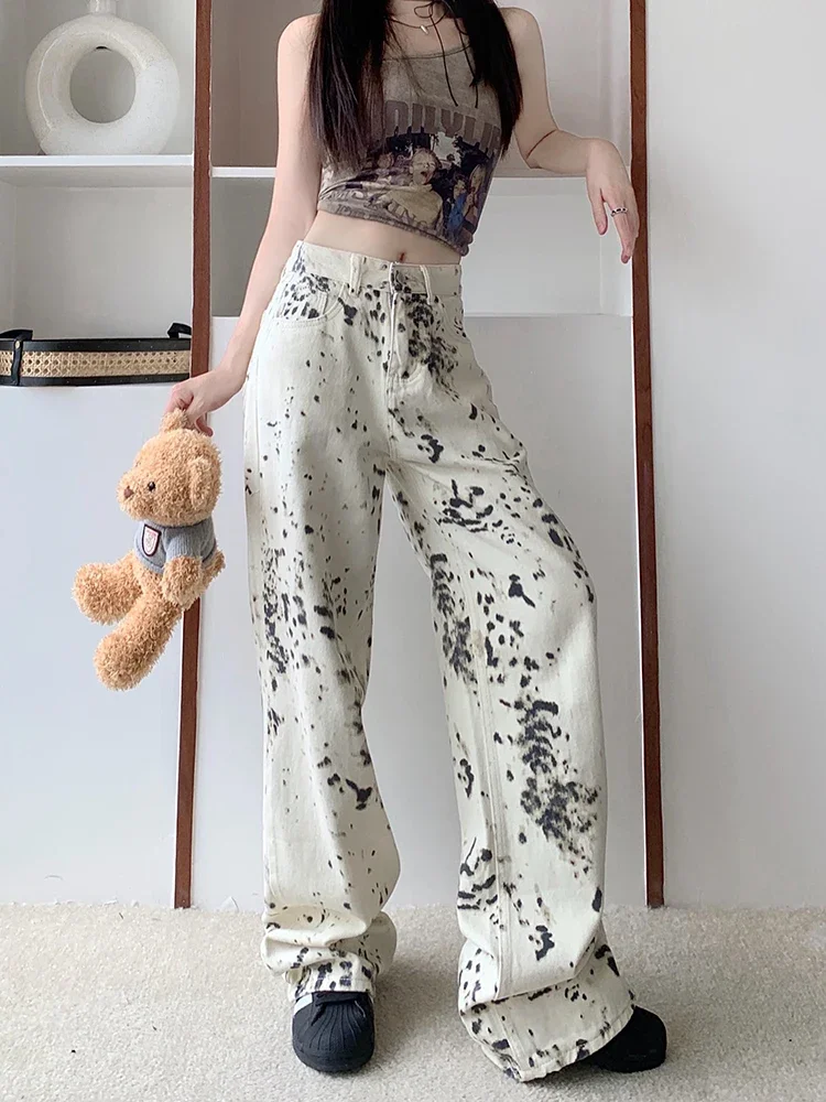 American Retro White Leopard Women Jeans New High Waist Slim Straight Pants Female Chic Fashion Street Casual Loose Woman Jeans