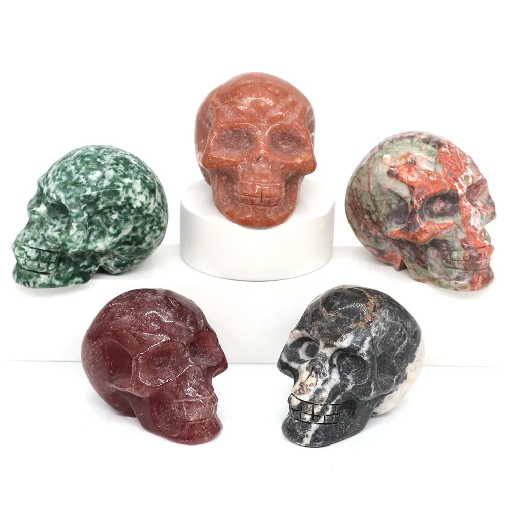 

44mm Skull Head Statue Natural Stone Healing Crystal Reiki Carved Witchcraft Gemstone Figurine Crafts Home Decor Halloween Gifts