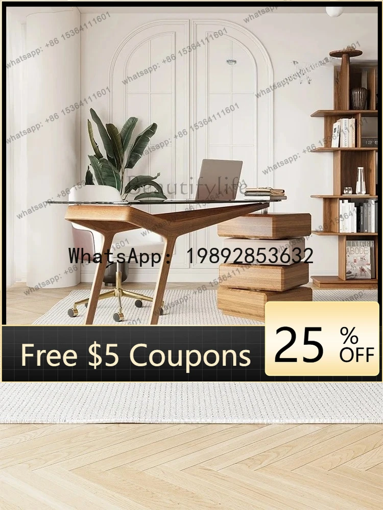 

AB Designer light luxury high-end special-shaped solid wood desk rotating tempered glass study table