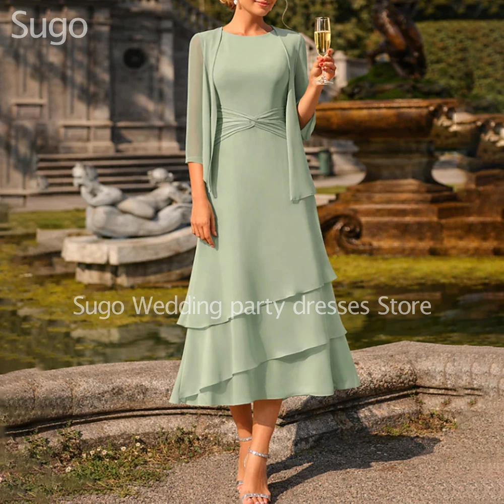 

Customized New In 2 Pieces Elegant Mother of the Bride Dresses O-Neck Tea-Length A-Line Wedding Guest Party Groom Dress 2026