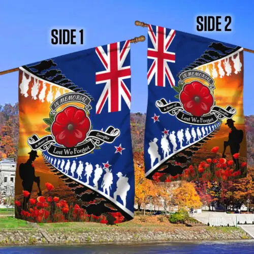 Lest We Forget. Poppy Veteran Anzac Day. New Zealand Flag Garden Flag