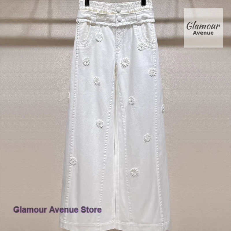 

Korean style small daisy embroidered white denim wide-leg pants women's spring and autumn new high waist straight casual pants