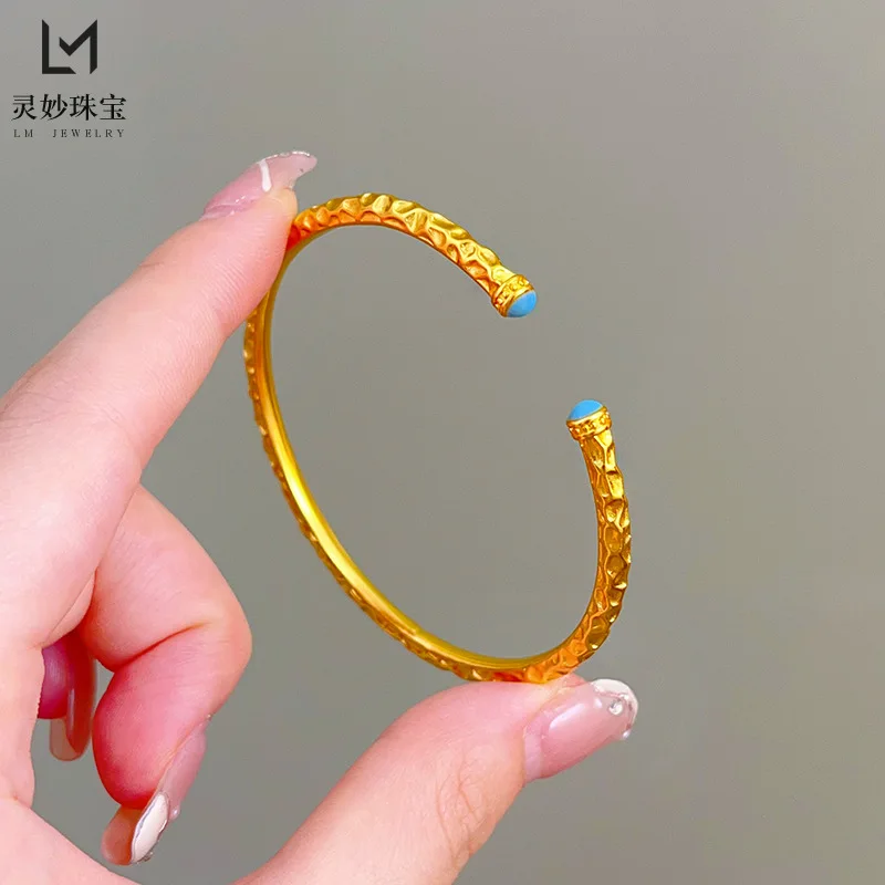

9999 24K real gold luxury jewelry dot diamond turquoise hammer pattern bracelet open-mouth bracelet gift for girlfriend