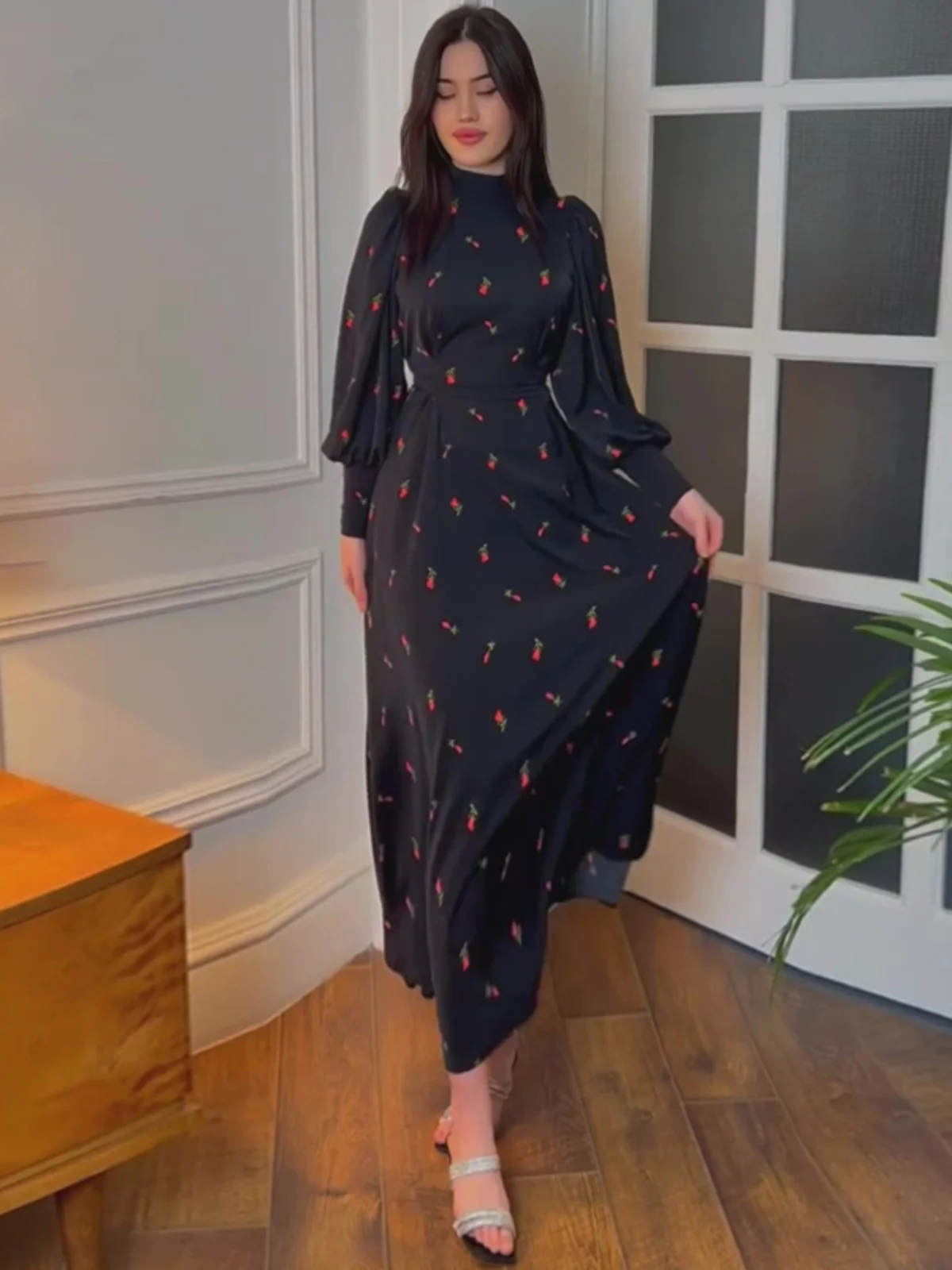 Retro Cherry Print Long Sve Dr Donna New Chinese Sle Satin Vita Cinching Dimagrante Lungo Dr Gentle Sle Primavera