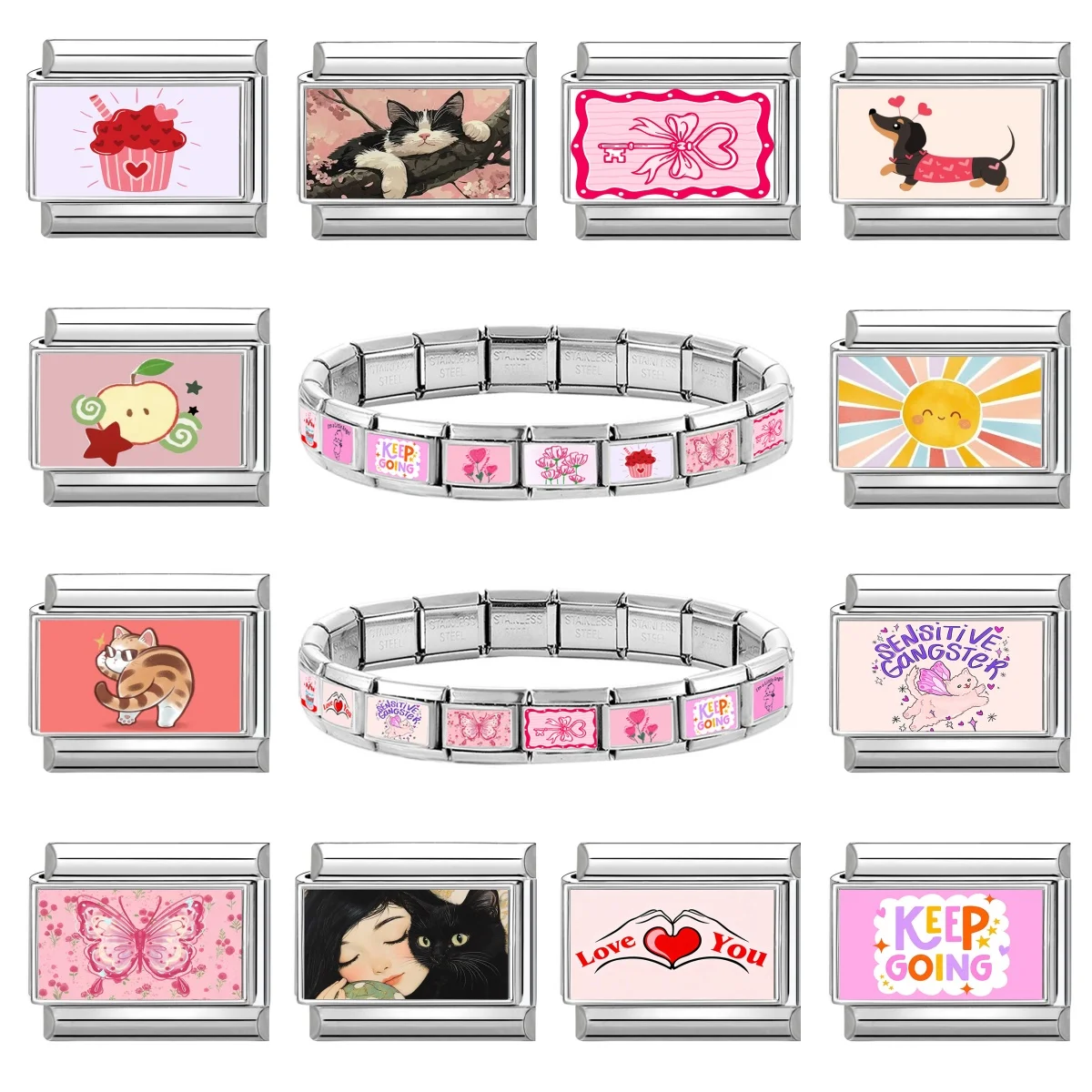 Y2K DIY Pink Charm Sweet Cake Cat Heart Bow Key Butterfly Italian Charm Links Fit 9MM Stainless Steel Bracelet Jewelry Making