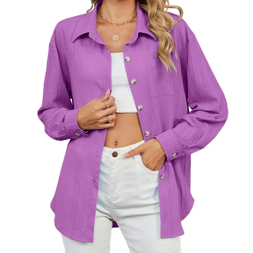 Autumn and Winter Casual Solid Color Lapel Button Pocket Loose Long-sleeved Shirt Women