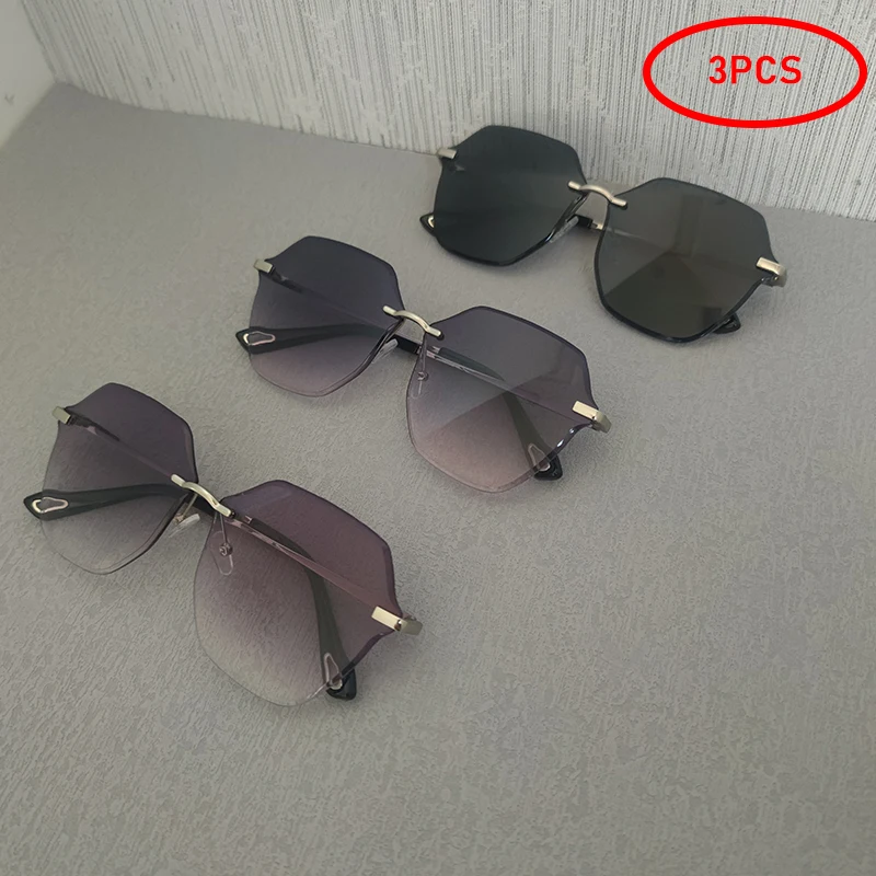 

2/3pcs/Set Fashion Rimless Large Frame Women Sunglasses Trendy Gradient Lenses Eyewear For Female Outdoor Accessory Shades