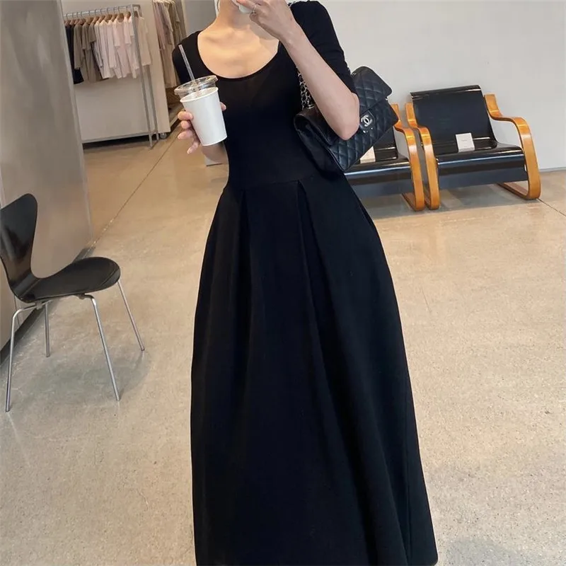 

2025 Summer Elegant O-neck Dresses Y2k Slim Waist Knitted Dress for Women Black Long Sleeve Mid-length Vestidos De Mujer