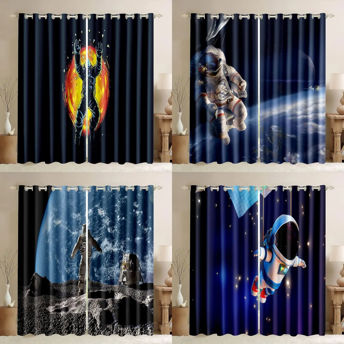 

3D Cartoon Astronauts in Space Universe Children's 2 Pieces 90% Shading Blackout Window Curtain for Living Room Bedroom Decor