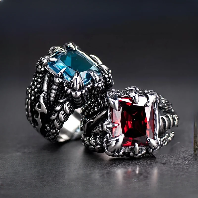 

Gothic Personality Domineering Blue Red Crystal Devil Dragon Claw Street Bicycle Finger Jewelry Men's for Rings Size 7-13