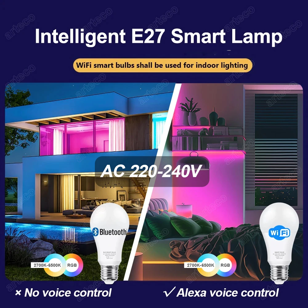 Tuya E27 LED Bulbs Bluetooth WiFi Smart LED Lamp RGB+CW+WW 15W 18W LED Light Bulb Works With Amazon Alexa Google Home Room Decor