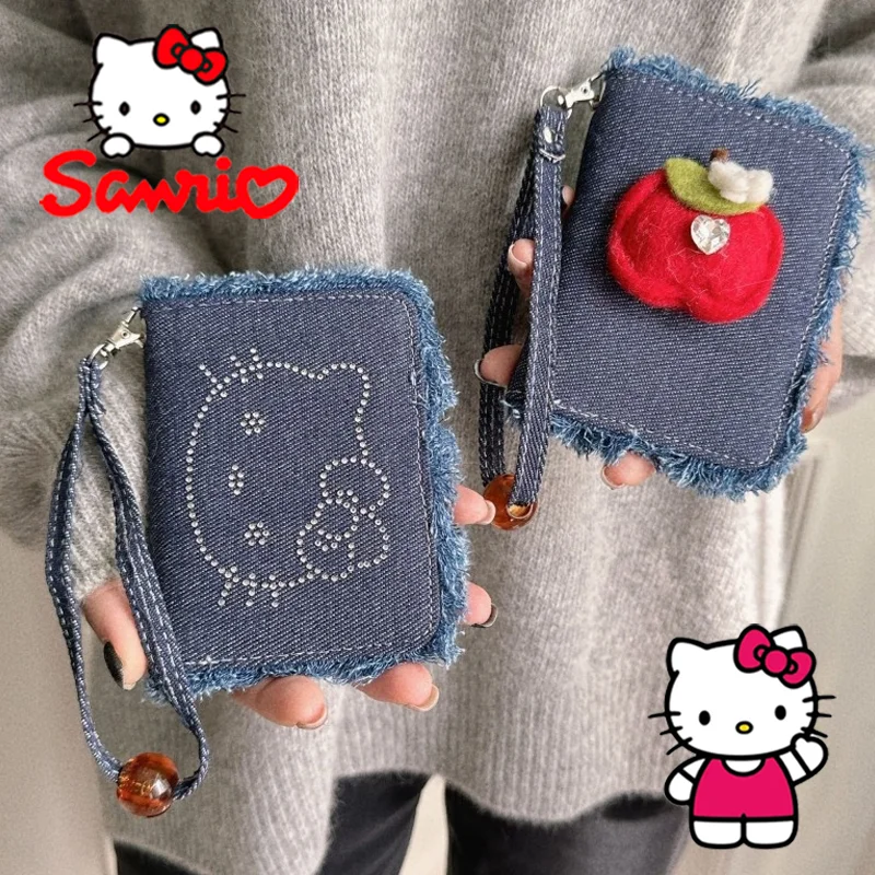 Sanrio Hello Kitty Denim Coin Purse Cartoon Woman PU Leather Foldable Coin Purse Portable Commuter Card Holder Coin Purse Gifts