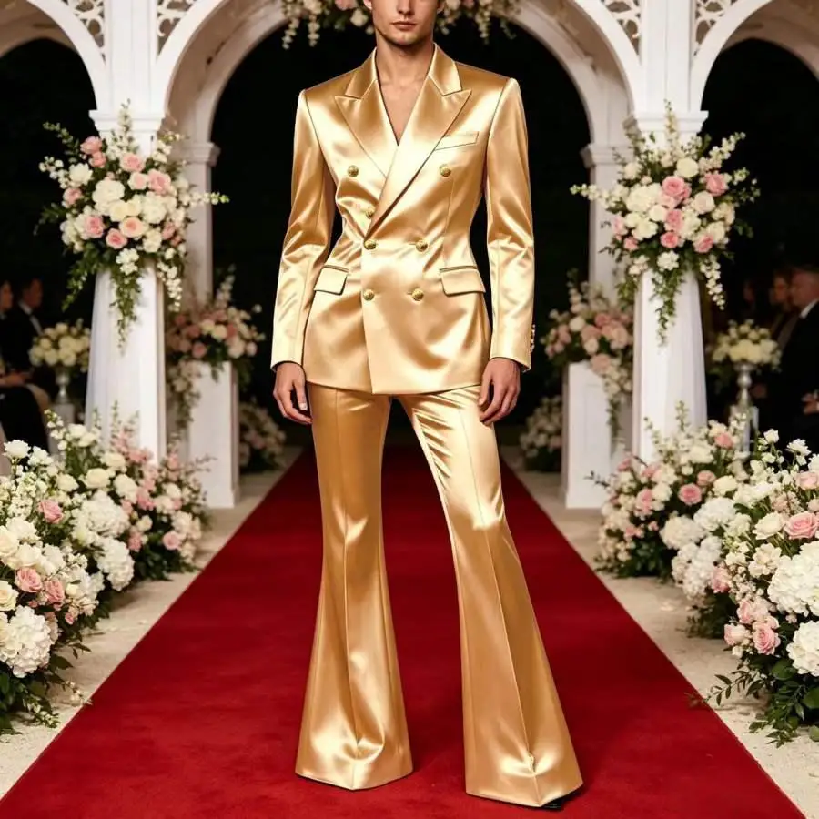 

Men's Double Breasted Satin Suit Set 2 Piece Notch Lapel Gold Button Blazer Flare Pants Formal Wedding Prom Party Groom Outfit