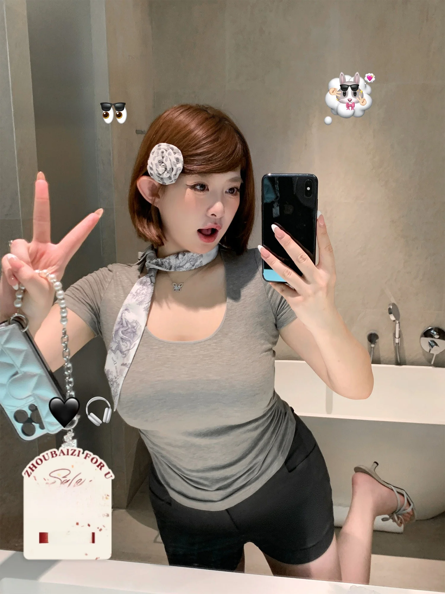 

Zhou Baizi Bamboo Charcoal T U-ne Waist-Cut High Breathabili plus Size ort Sve Women's Top Korean Sle Slim Fit