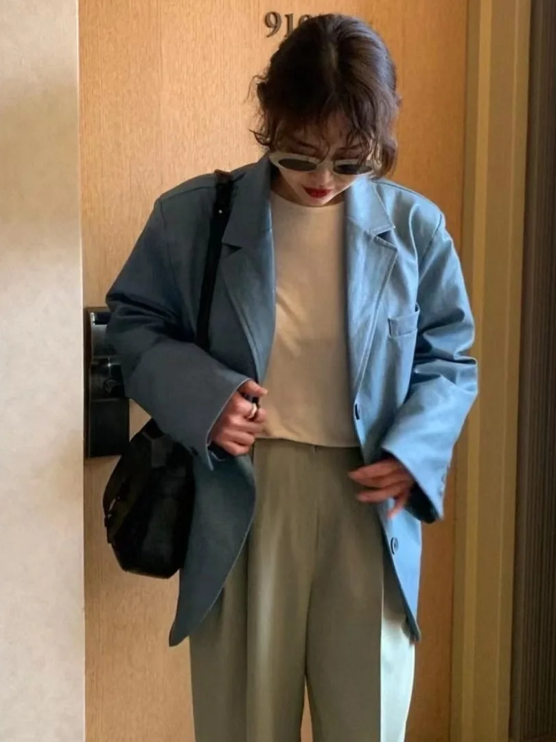 Hong Kong Sle Casual PU Pelle Jaet Donna Chic Abito neutro Colletto Bla Cappotto Trendy Lungo Sve Chiusura a bottone singolo