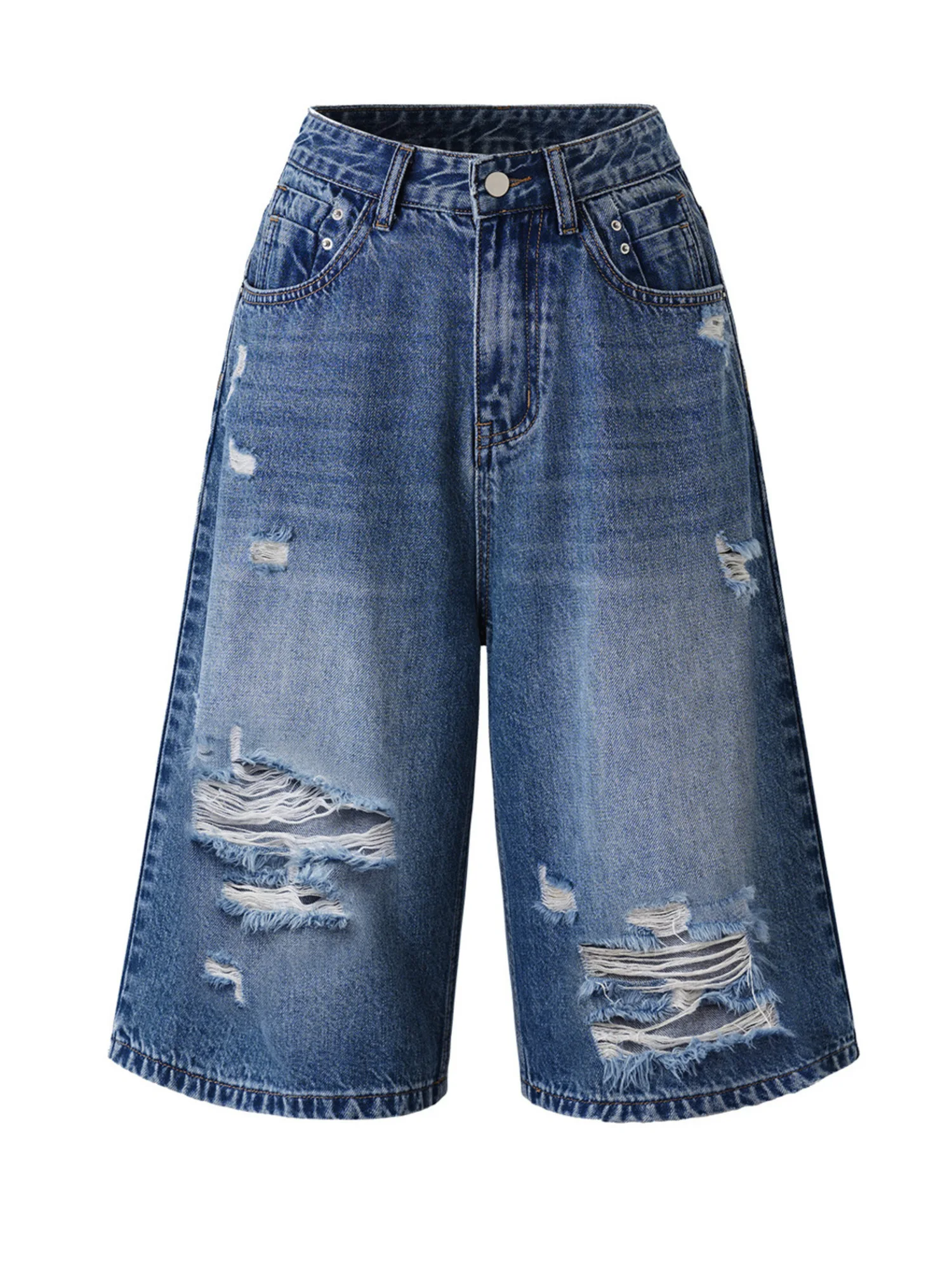 Women‘s High Waist Ripped Denim Capri Jeans Vintage Washed Baggy Wide Leg Length Jorts Y2K Summer Streetwear 2026 Casual Pants view 3