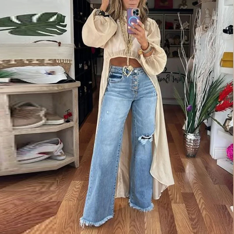 

Fashion See-through O Neck Irregular Tops Casual Hollow Out Solid Women's Blouse Spring Summer Thin Lantern Long Sleeve Pullover