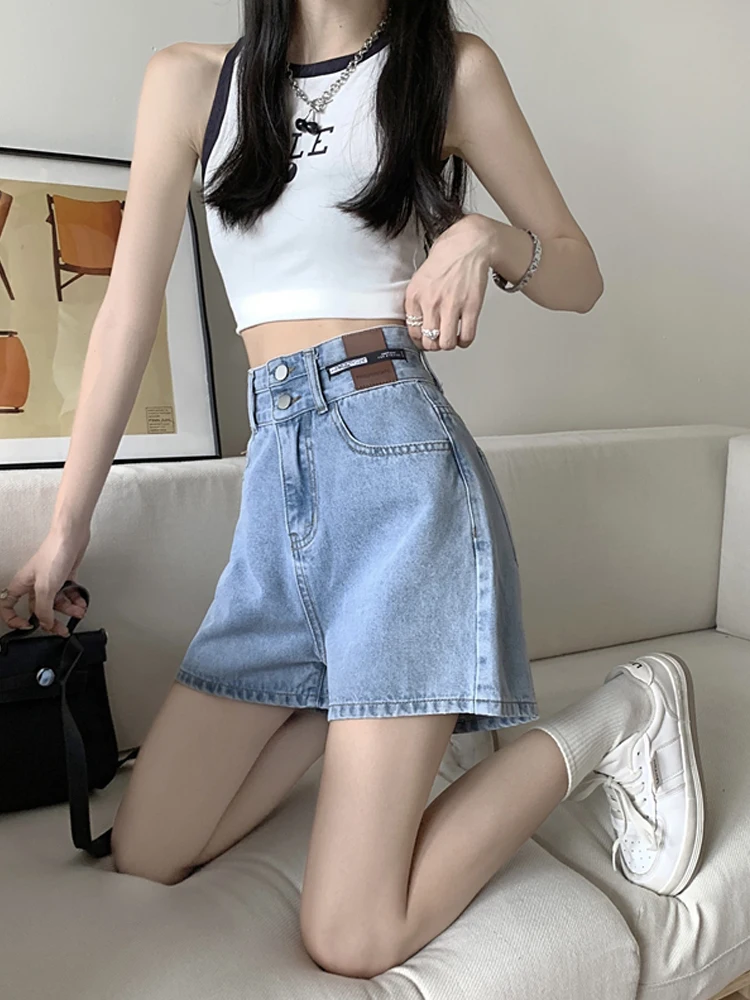 High Waist Denim orts Women's Thin New Autumn Large Size Fat MM Slim Small A-Line Wide Leg Hot Pants Summer Blue Color