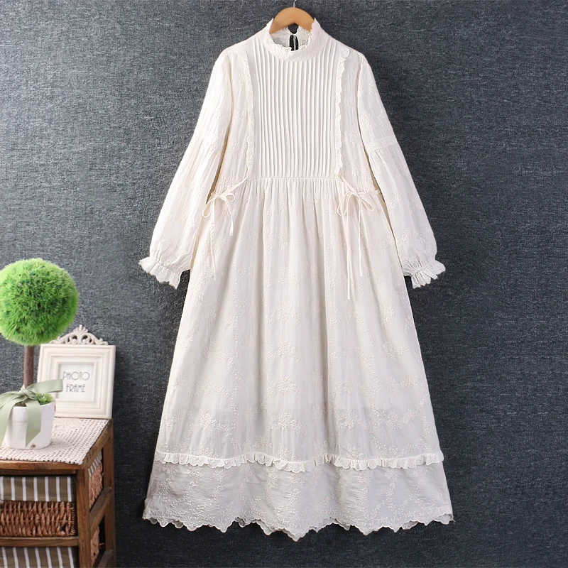 

Spring Autumn New Japanese Sweet Mori Girl Lace Collar Embroidery Midi Dress Women Solid Color Long Sleeve Loose Cotton Dresses