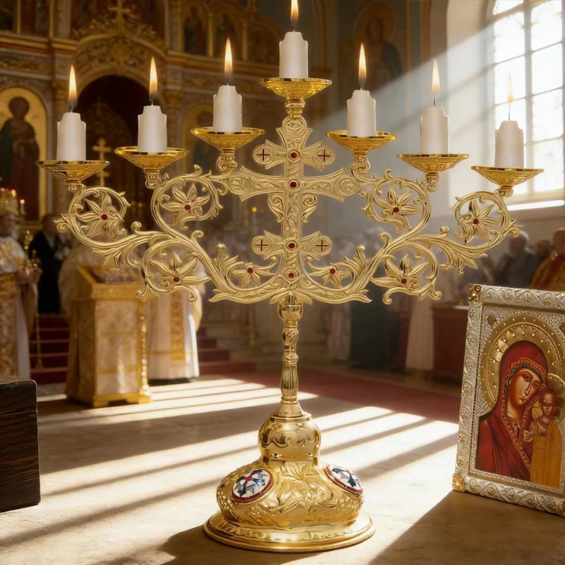 Neuer 2026 Eleganter Vergoldeter Orthodoxer Siebenarmiger Kerzenleuchter mit Roten Akzenten für Gottesdienste und Heimische Andachtsräume – Detail 14