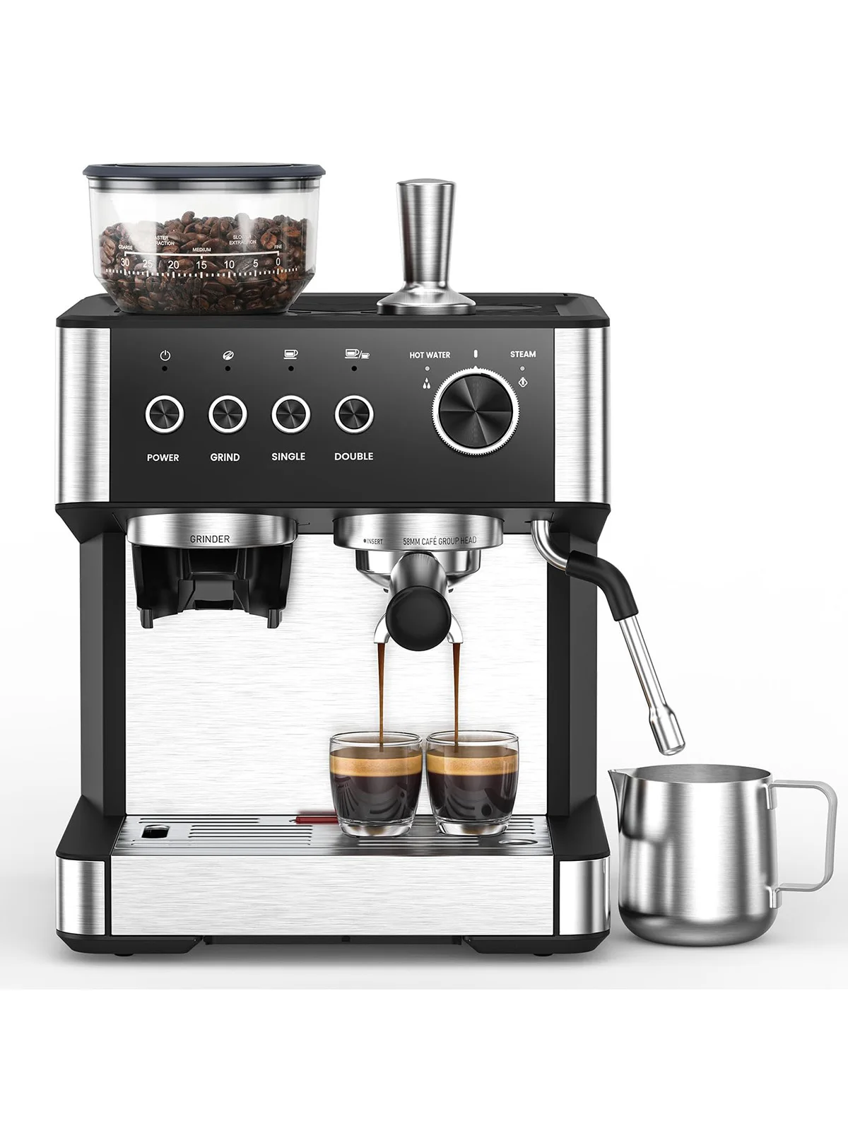 Professionelle 15-Bar-Espressomaschine mit eingebautem Mahlwerk, 58-mm-Siebträger, 360°-Drehfunktion °   Dampfdüse mit 2,3L Wassertank für Cappuccino und Latte, Einfache Reinigung für Zuhause und Büro