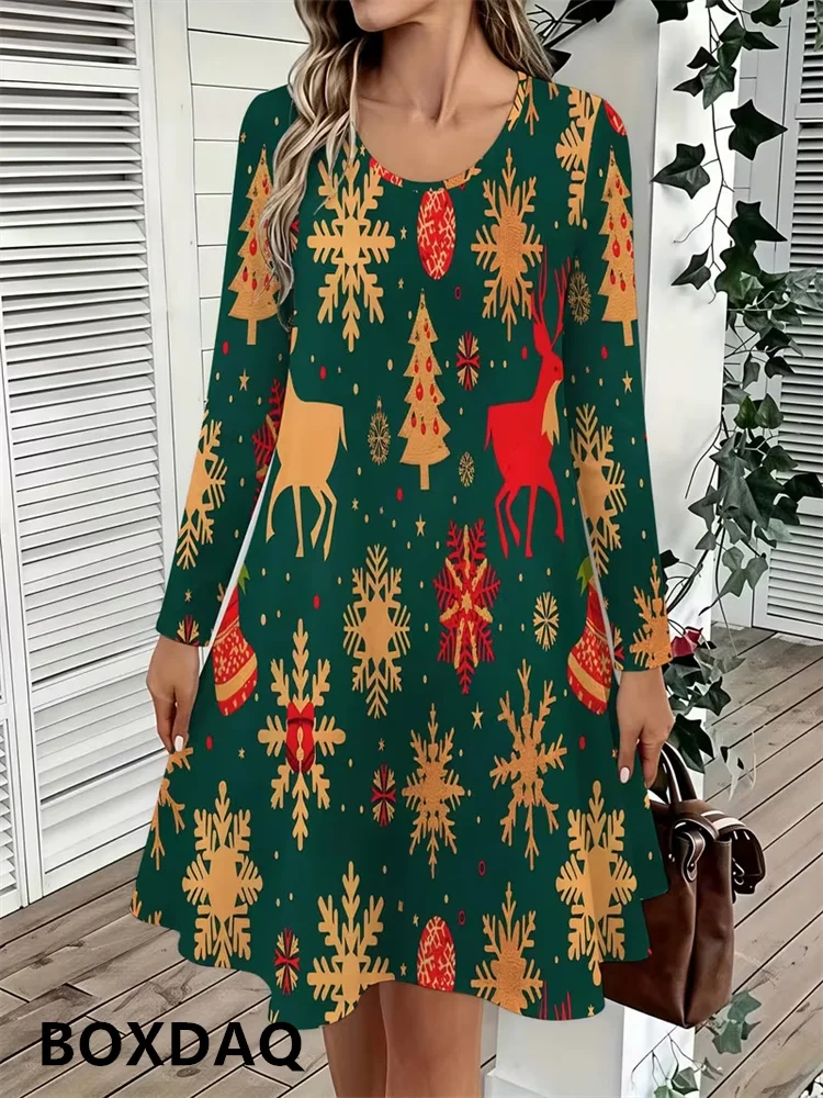 Autumn Winter Women's Loose Dress Christmas Tree Snowflake And Elk Full Print Round Neck Long Sleeve Casual Fashion Party Dress