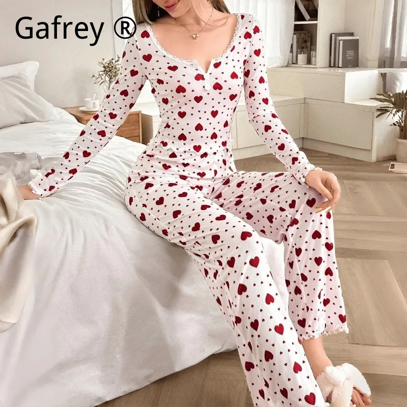 

Women Heart Print Pajama Set Long Sleeve Long Pants Two Piece Lounge Wear Cute Wearable Outside Sleepwear Spring Autumn New