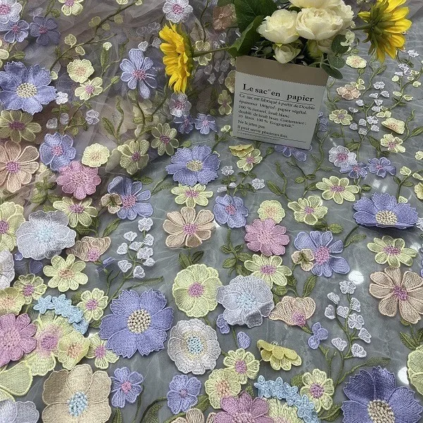 جديد متعدد الألوان ثلاثي الأبعاد العائمة زهرة شبكة نسيج الدانتيل والتطريز اليدوية لوليتا المرحلة تنورة اكسسوارات الزفاف #1