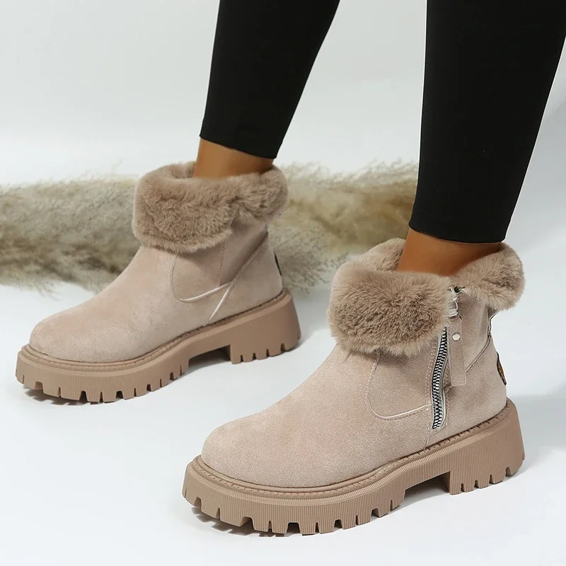 Thick Plush Snow Boots Women Faux Suede Non-slip Winter Boots Woman Keep Warm Cotton Padded Shoes Platform Ankle Booties 2024