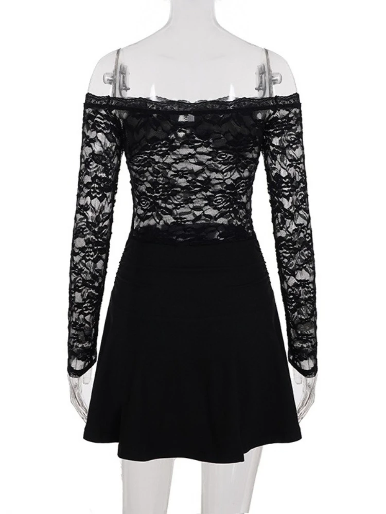 Foamlina Modna Sukienka Mini z Odkrytymi Ramionami, Seksowna, z Dekoltem typu Slash Neck, Długi Rękaw, Streetwear, Wycięcia, Dopasowana, Patchworkowa