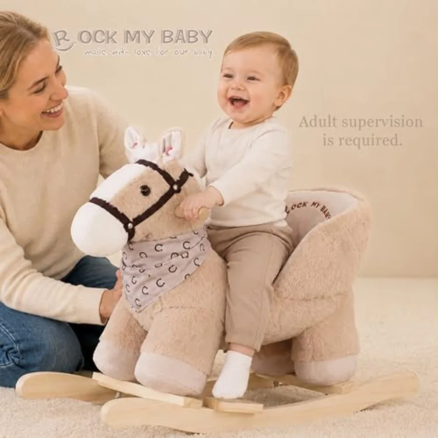 Rock My Baby Rocking Horse, Baby Animal Rocking Horse with Seat, Ride on Horse, Plush Rocking Horse with Realistic Sound, Woode