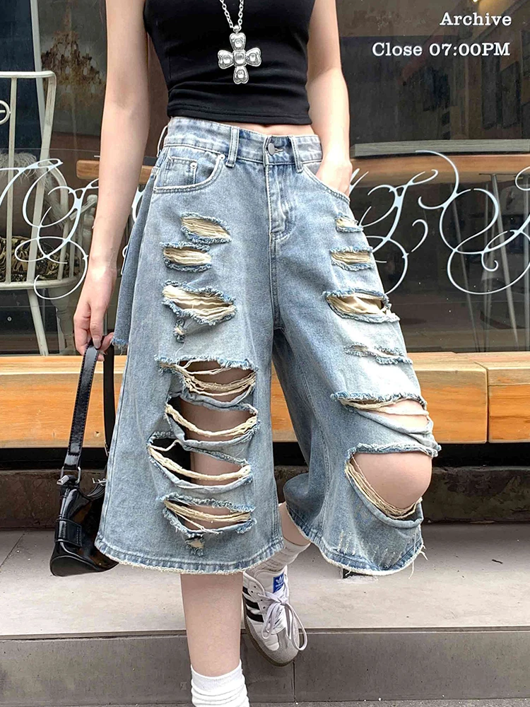 

Women's Casual Distressed Frayed Hem Loose Denim Jeans Summer Y2K Holes Hollow Out Knee Length Shorts Girls