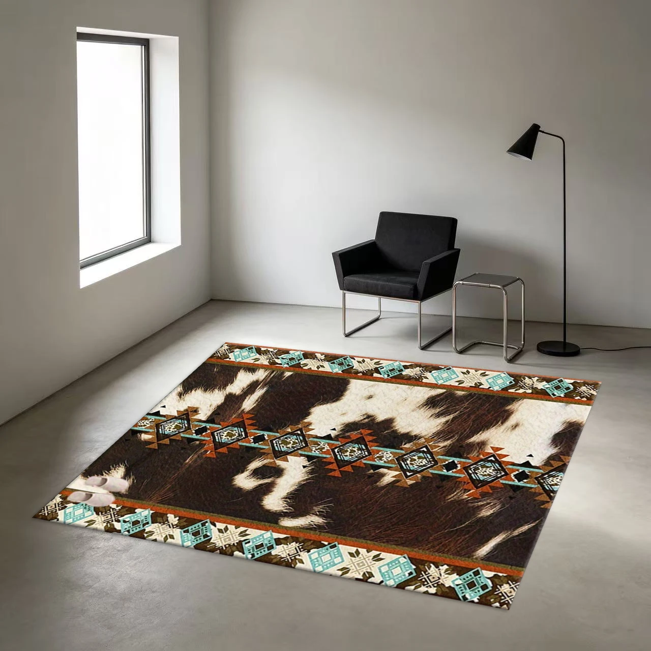 Southwestern Cowhide Leather Aztec Geometric Pattern Carpet, Non-Slip Western Style Carpet Suitable for Living Room Home Decor