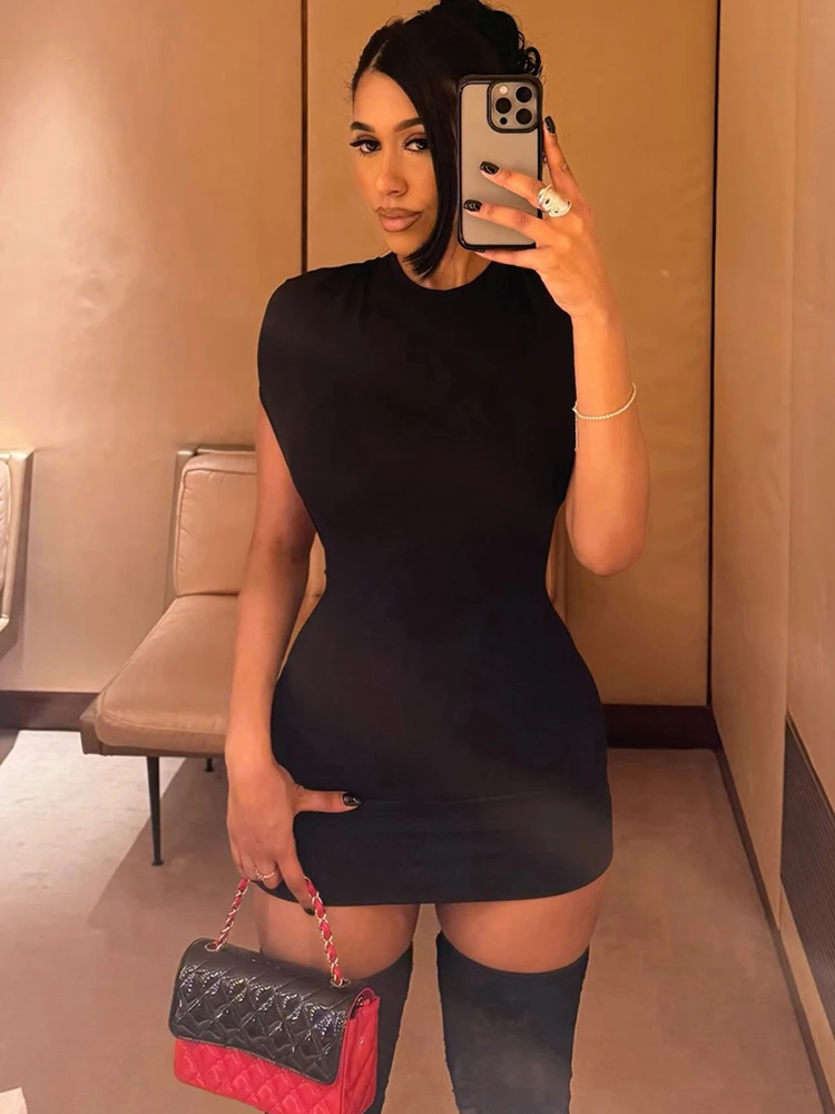 Kliou Sexy Rückenfreies Minikleid Damen O-Ausschnitt Kurzarm Figurbetont Pfirsichfarben Heißer Mädchen-Stil Mitternachtsclub Party Mode Bodycon
