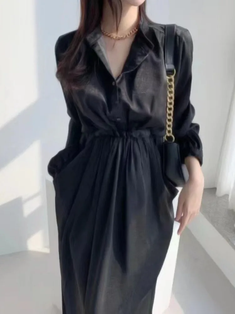 벨트와 케츠가 있는 한국 슬레 시크 순색 실크 드레스 여성용 패셔너블 심플 드레스 봄 가을용