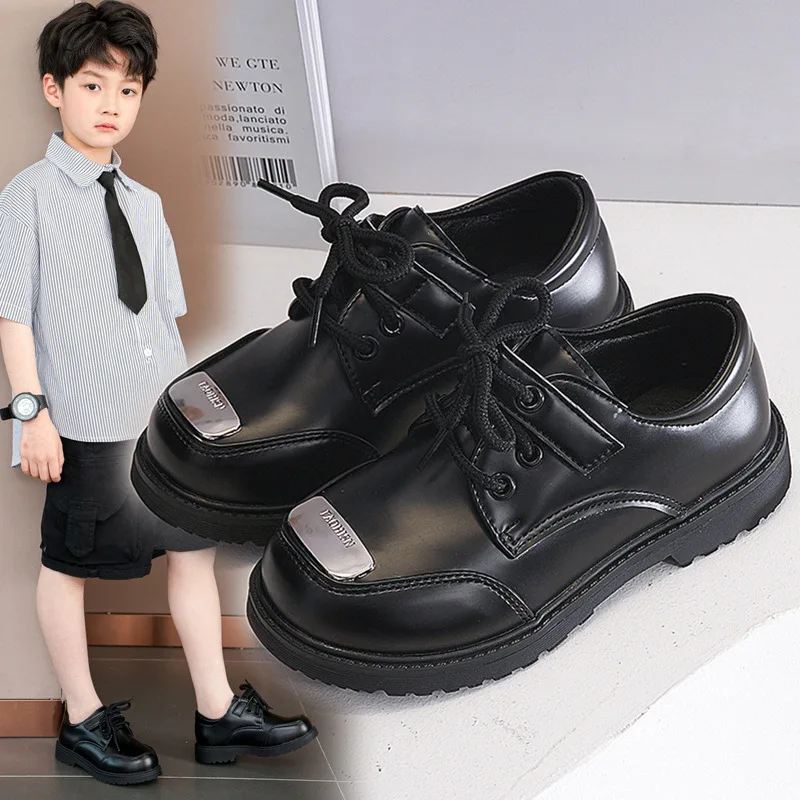 Boys Student Black Leater Shoes For School 3-12Years Old Kids Dress Shoes Children Fashion Performance Shoes Lace-up Soft-soled