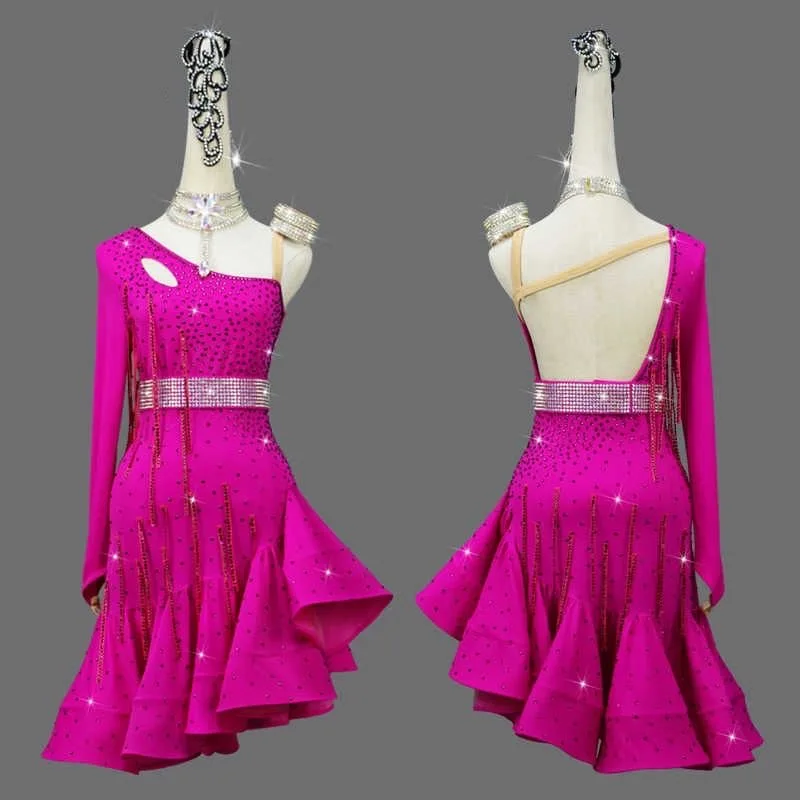ชุดแข่งขันเต้นรำละตินสีแดงใหม่, ชุดผู้ใหญ่แบบใหม่สุดเซ็กซี่, ชุดเดรสยาวปานกลางสำหรับผู้หญิง, ชุดงานเลี้ยง, ชุดเดรสยาวสำหรับงานปาร์ตี้ของเด็กผู้หญิง