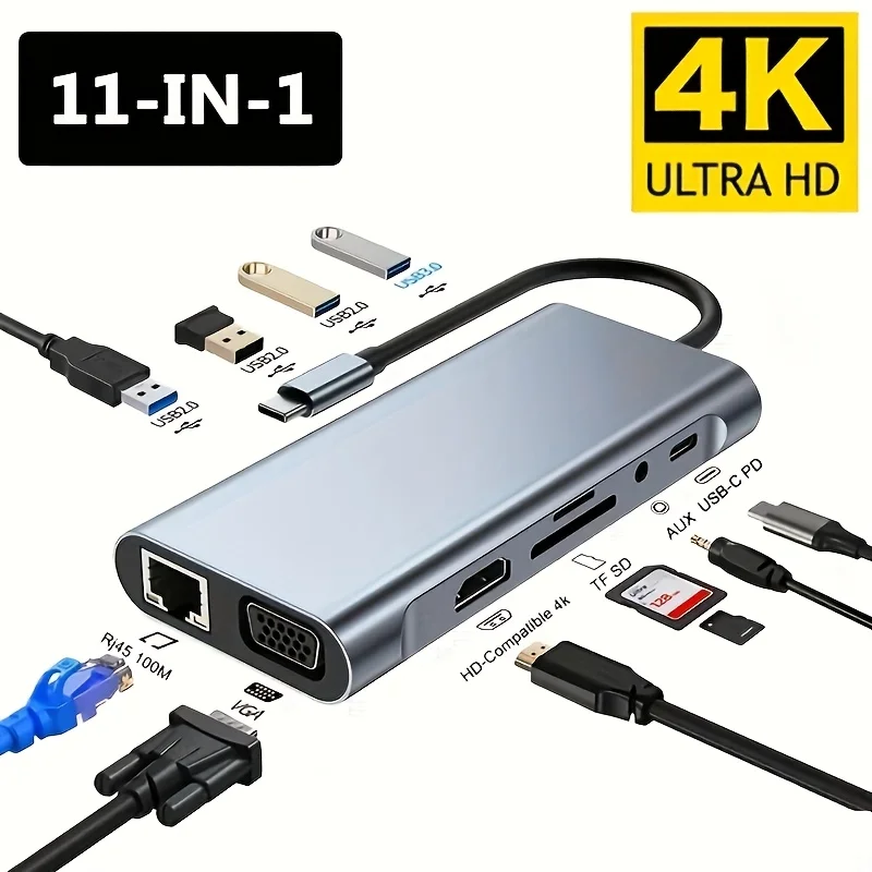 11-in-1 Type-C USB-C Expansion Base, Multi-Port USB-C Hub with Dual HDMI, VGA, PD, Ethernet, 3*USB, Microphone/Audio, SD/TF Card