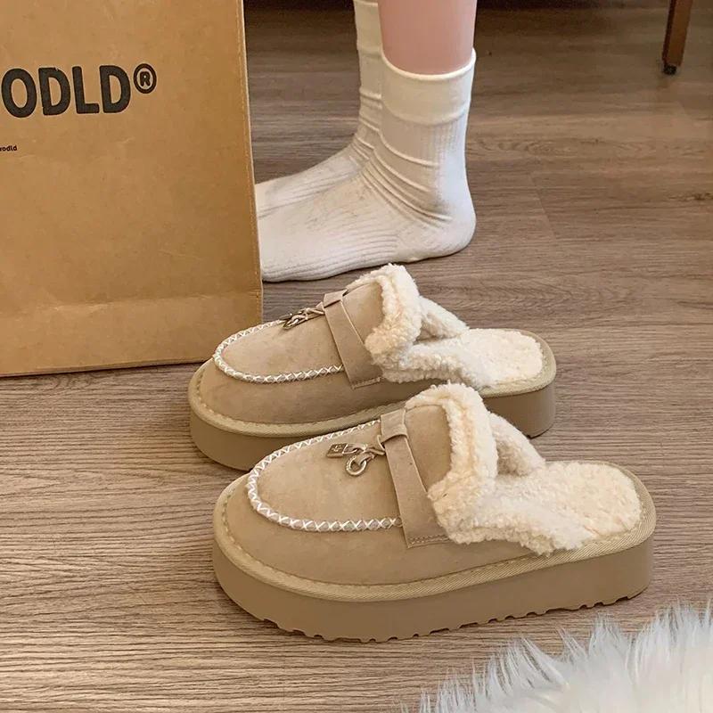 2024 Closed-toe Slides Ladies Home Cotton Shoe New Winter Trend Concise Indoor Mule Warm Non-slip Plush Slippers for Women