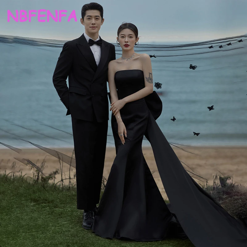 Simple A Line Black Mermaid Korea Evening Dresses Customised Photo shoot Corset Back bow Decor Floor Length Wedding Dress Gowns