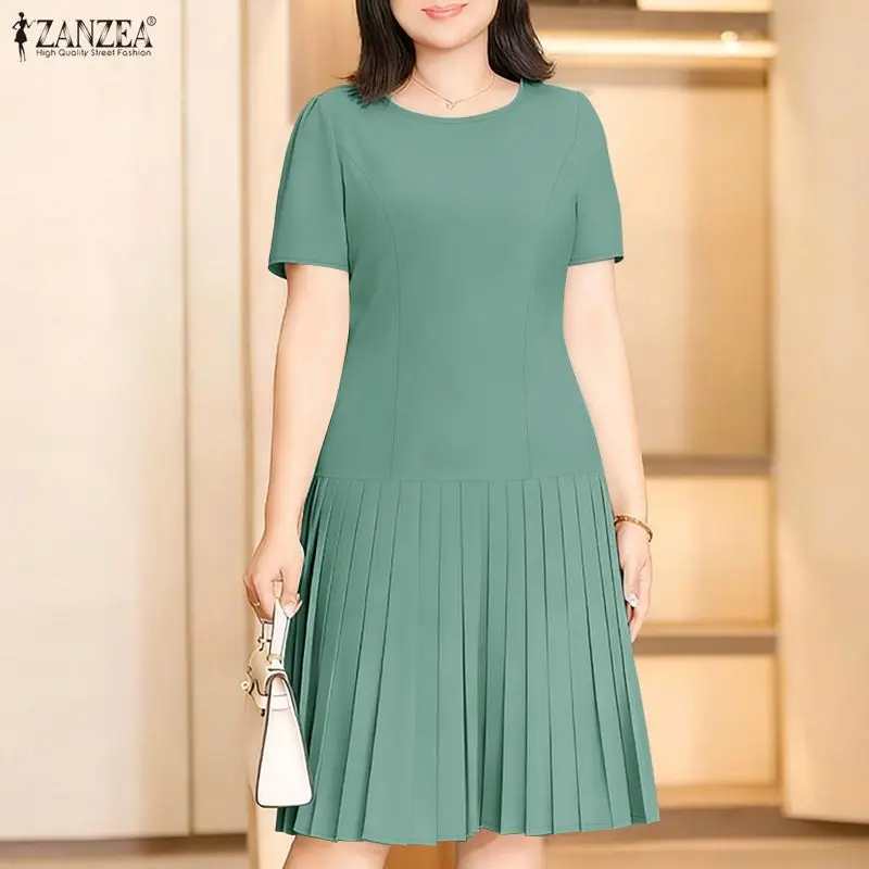 ZANZEA Frauen 2026 Sommer Kleid Elegante Gefaltete Kleider Stilvolle Büro Arbeit Midi Sommerkleid Kurzarm Knielangen Robe Vestidos