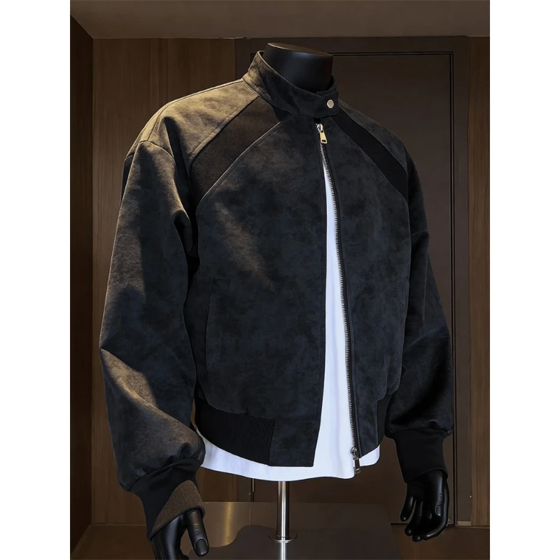 American style patchwork structure stand up collar leather flying men's jacket baseball jacket spring autumn zipper jacket