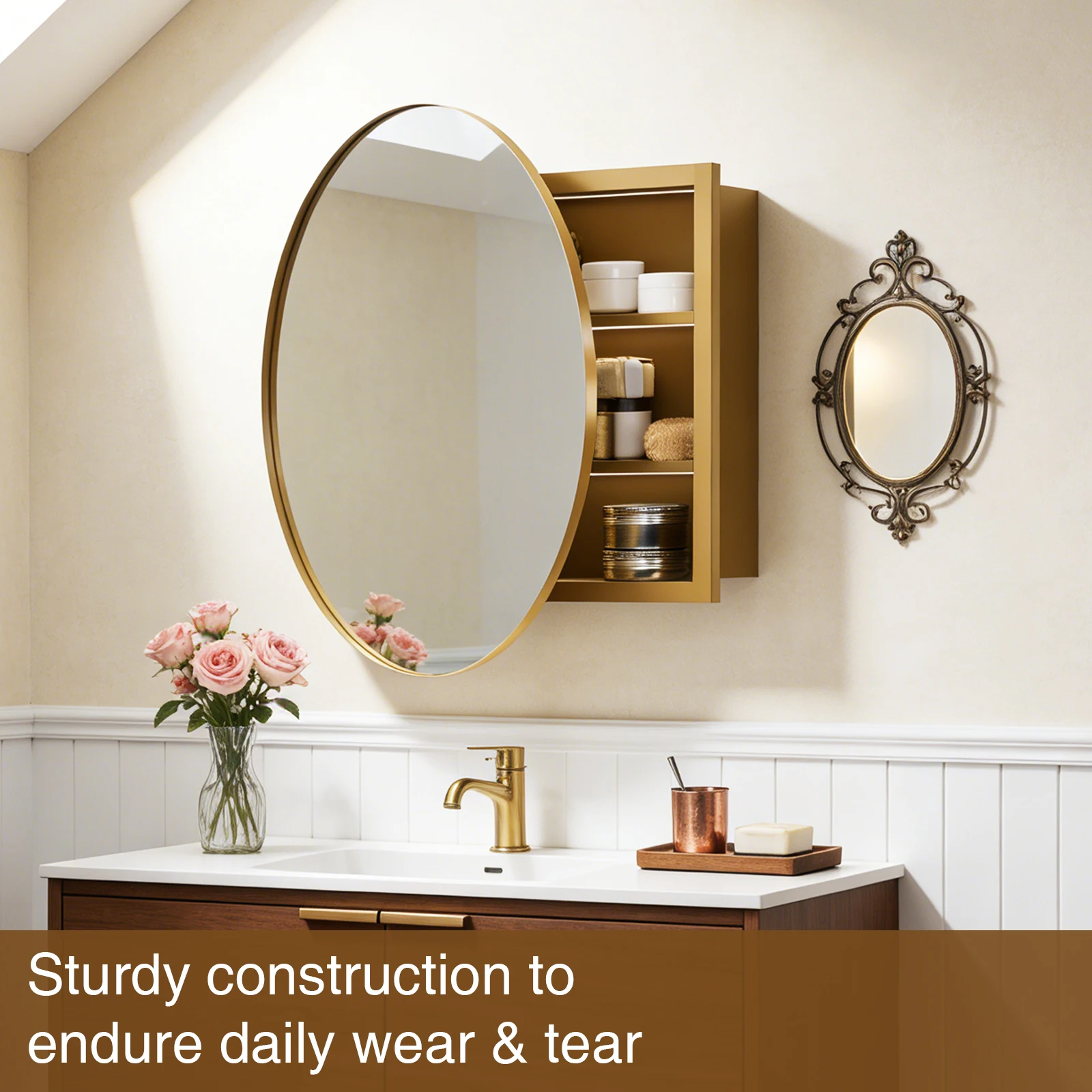 

Bathroom Mirror Cabinet 59CM Round Mirror with Storage Organizer Gold Removable Shelves Iron Frame Wall Mounted Mirror Cabinet