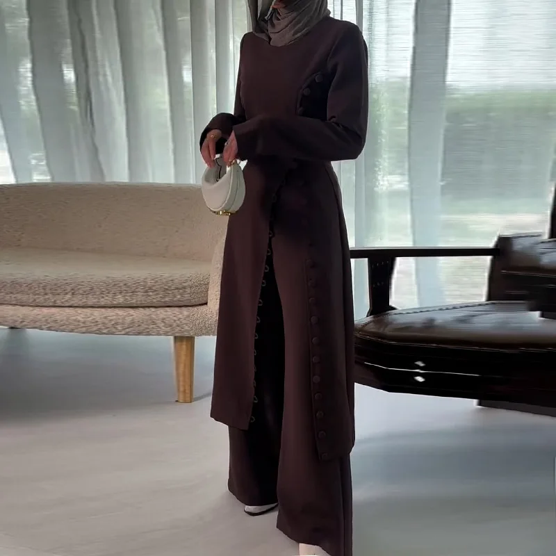 

New Women's Pure Color Comfortable Long Robe Midi Skirt Two-Piece Set Ele Autumn Wear Simple Sle Casual Faion